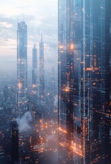 Fototapeta premium A futuristic cityscape featuring sleek skyscrapers with transparent data overlays and digital displays, creating a high tech, minimalistic aesthetic