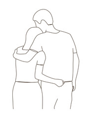 Line art of rear view of man give a shoulder hug to woman as comfort. friendship love support couple family happy together