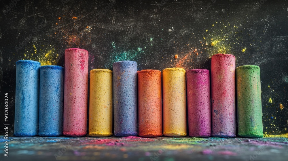 Poster a row of colorful crayons are lined up on a table