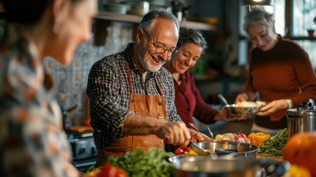 A lively group of middle-aged friends participating in a cooking class, surrounded by fresh ingredients and cooking utensils, sharing laughs and culinary tips in a cozy kitchen environment 