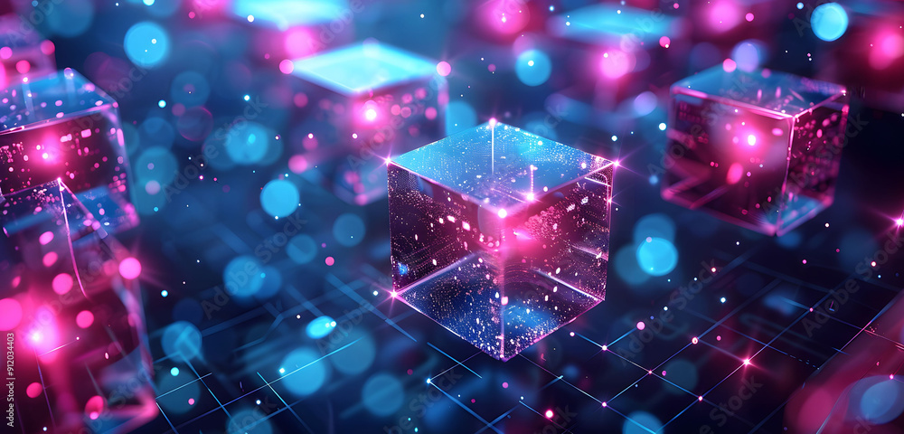 Poster abstract background with neon glowing digital blocks forming an illuminated maze, symbolizing the co