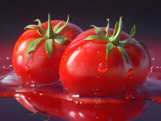 Three ripe tomatoes rest on a crimson surface, each adorned with glistening water droplets