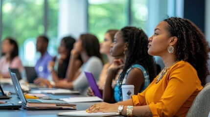 An adult education seminar with a diverse group of participants, attentively listening to a speaker, with notebooks and laptops open, in a professional conference room 