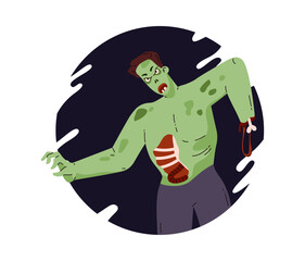 Creepy zombie man corpse, vector rotting cadaver guts falling out, walking dead, Halloween evil monster in round frame