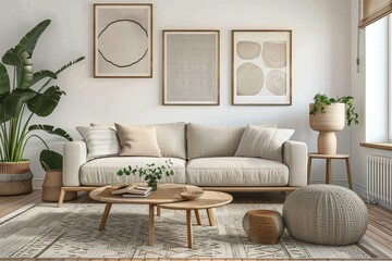 Scandinavian style apartment living room with kitchenette, white walls, light wood floor, sofa with blue and orange pillows, chairs, coffee table, TV on the wall, flowers in a vase, dining area on the