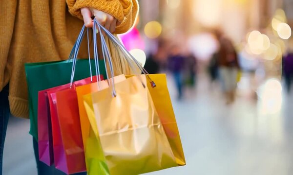 Woman holding shopping bags after a successful shopping spree