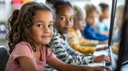  Diverse group of children learning computer together in classroom setting