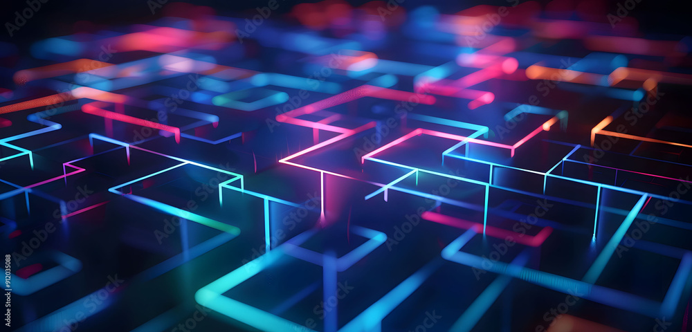 Poster abstract background with neon glowing digital blocks forming an illuminated maze, symbolizing the co