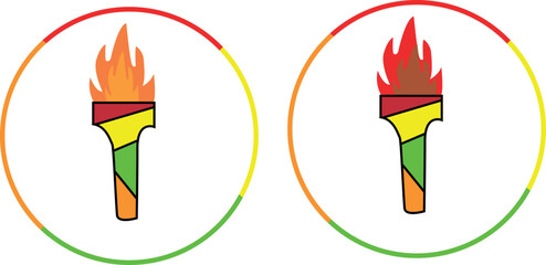 Summer olympic games. Paris 2024. Set of burning torches in olympic color with flame in round frame. Sticker, label, clip art, design element. International sport event.