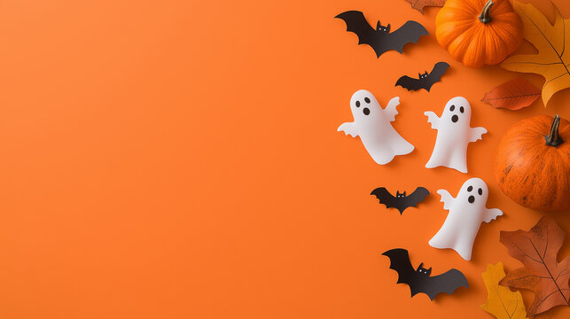 Festive halloween decorations featuring pumpkins, bats, and friendly ghosts on orange background.
