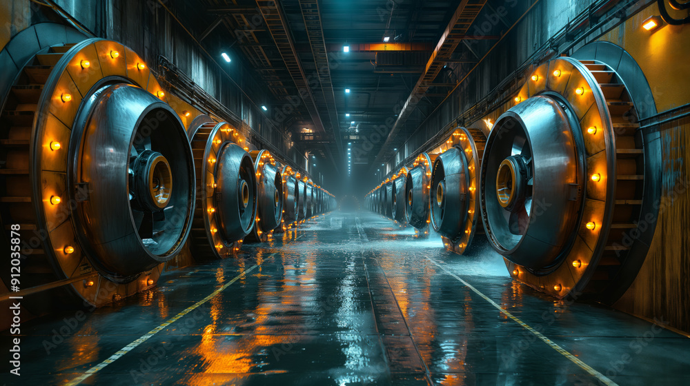 Poster hydroelectric turbines in symmetrical layout. row of hydroelectric turbines in a symmetrical layout 