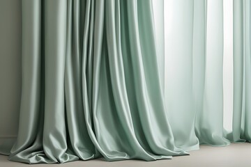 Serene seafoam green silk curtain with a calming sheen for nature inspired items, AI Generated