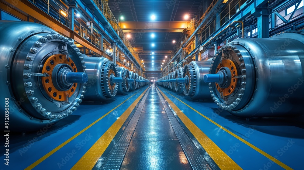 Poster high-tech hydroelectric turbines in factory. high-tech hydroelectric turbines in a factory setting, 