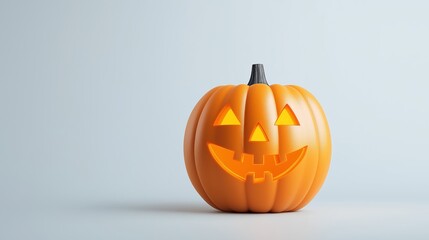 Brightly lit halloween pumpkin with carved face displayed against simple background.