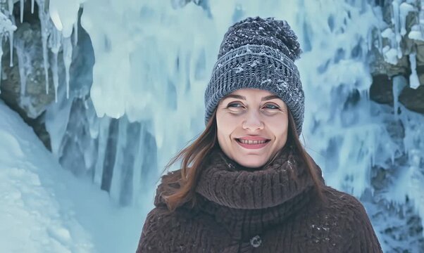 Portrait of a beautiful young woman in winter clothes and hat on the background of a frozen waterfall