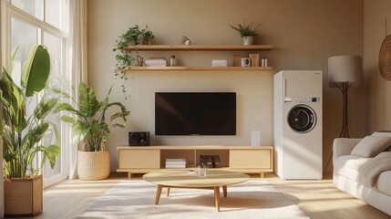Stylish Beige Living Room Featuring a Prominent Shelf with Advanced Refrigerator, Modern Washing Machine, and Home Gadgets