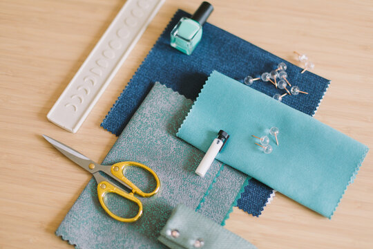 A design set of different blue and mint materials for interior design