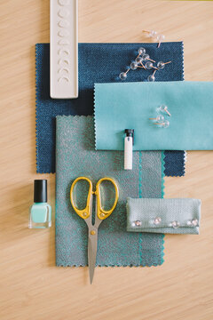 A design set of different blue and mint materials for interior design