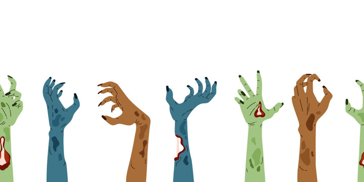 Vector illustration with isolated zombie hands along the bottom seamless border.