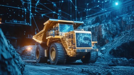 A yellow mining truck with a glowing digital map in the windshield