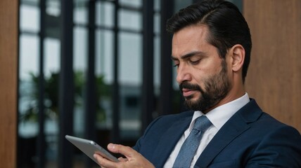 Fototapeta premium Photo side view business man working on ipad