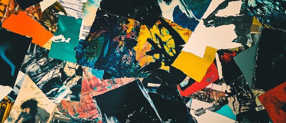 Fototapeta premium Overlay of art magazine clippings, on black background, Generative AI