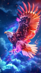 The majestic eagle, its wings spread wide against the backdrop of an enchanting night sky.