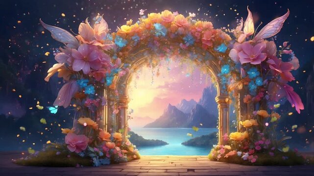 A magical gateway to a fairytale portal. Full of fireflies and butterflies. Seamless 4K looping timelapse video animation generated AI