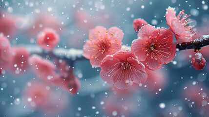 In winter, there are dense plum blossom trees with snow on their branches,generative ai