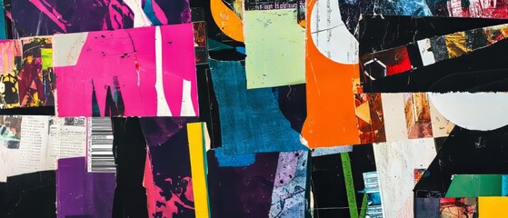 Overlay of colorful magazine clippings, on black background, Generative AI