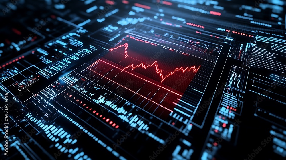 Poster close-up of a holographic screen displaying a stock market crash, red line graph, dark tech backgrou