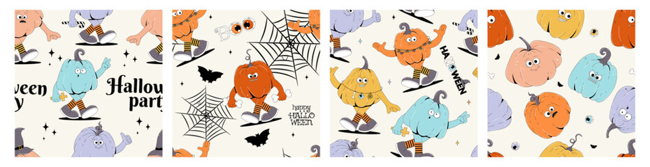 Colorful seamless pattern on Happy Halloween theme. Retro groovy character pumpkins with creepy and skary face. Contemporary vector set.