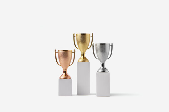 Three golden, silver and bronze trophies placed on different stands