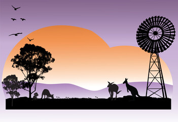 Outback Australia silhouette scene of kangaroos feeding