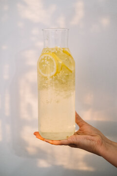 Refreshing lemonade with lemon slices in tall glass