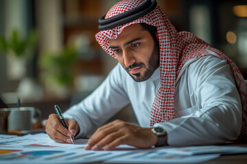 Saudi man in white thobe, writing with charts behind, in an office.generative ai