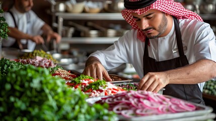 Chef Arranging Fresh Salad Ingredients in a Restaurant Kitchen