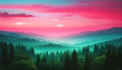 Fototapeten pink sky with green mountain landscape view © Eric de Gallery