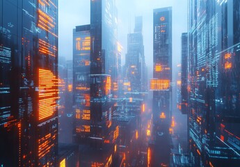 A cutting edge cityscape with digital displays on skyscrapers, transparent data overlays, and a minimalistic design that highlights the futuristic atmosphere