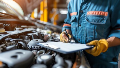Inspecting maintenance by engineer at vehicle garage, car service shop, auto check, detailed, professional setting, mechanic writing on clipboard