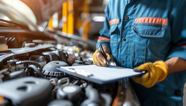 Inspecting maintenance by engineer at vehicle garage, car service shop, auto check, detailed, professional setting, mechanic writing on clipboard