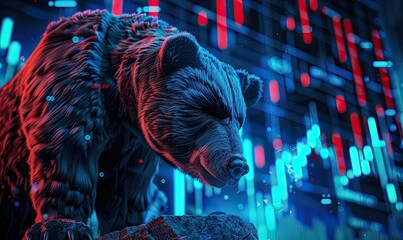 Stock market bear market. Traders. Short bets. Stock exchange, collapse, collapse. Downward trend charts on the investment platform. Double exposure of the bear and candles on the chart.