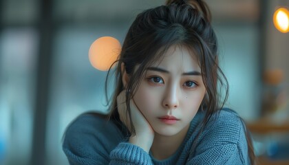 Obraz premium Sad, unhappy, alone Asian young woman, girl expression face thinking about problem, realistic, emotional, detailed scene, feeling exhausted, highquality image