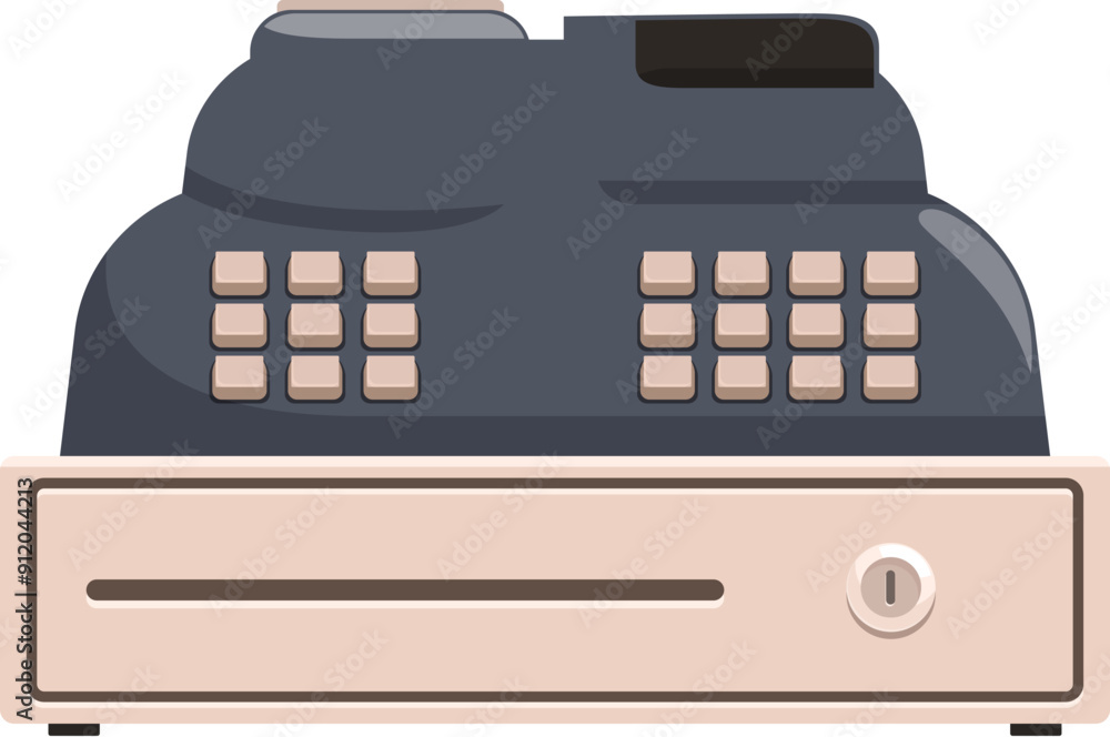 Poster electronic cash register with buttons and display standing on countertop in store