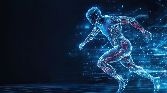 Digital Human Figure Running Through a Cybernetic Landscape