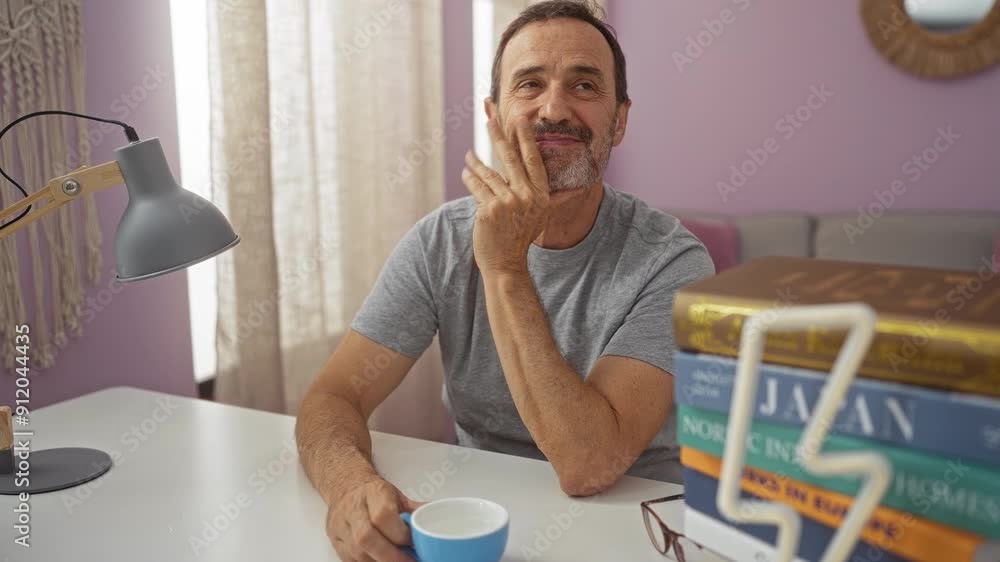 Poster mature man sitting in living room with books on table