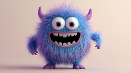 Obraz premium Cute blue furry monster 3D cartoon character