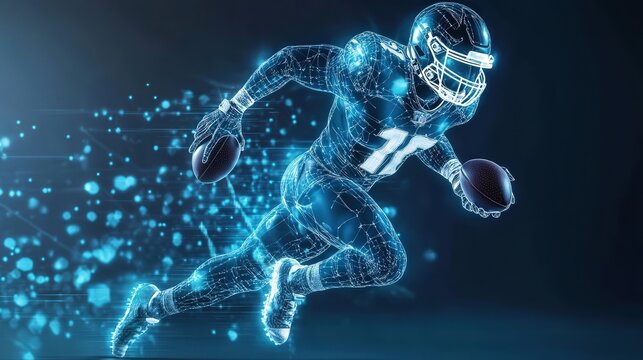 Wireframe Illustration of a Football Player Running with the Ball