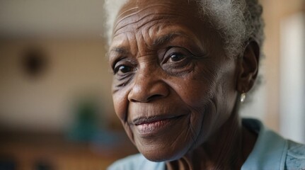 Happy black African American senior woman grandmother at nursing home looking at camera. Retirement community longevity concept
