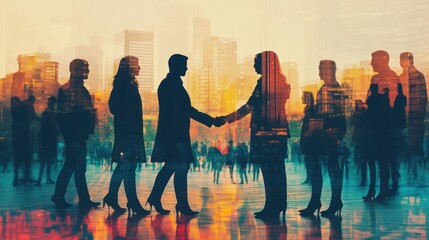 Naklejka premium Silhouettes of business people shaking hands and cooperating in modern city. Concept of teamwork and partnership. Toned image double exposure